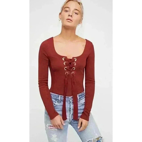 Free People Rust Long Sleeve Lace-Up Top - Picture 1 of 8
